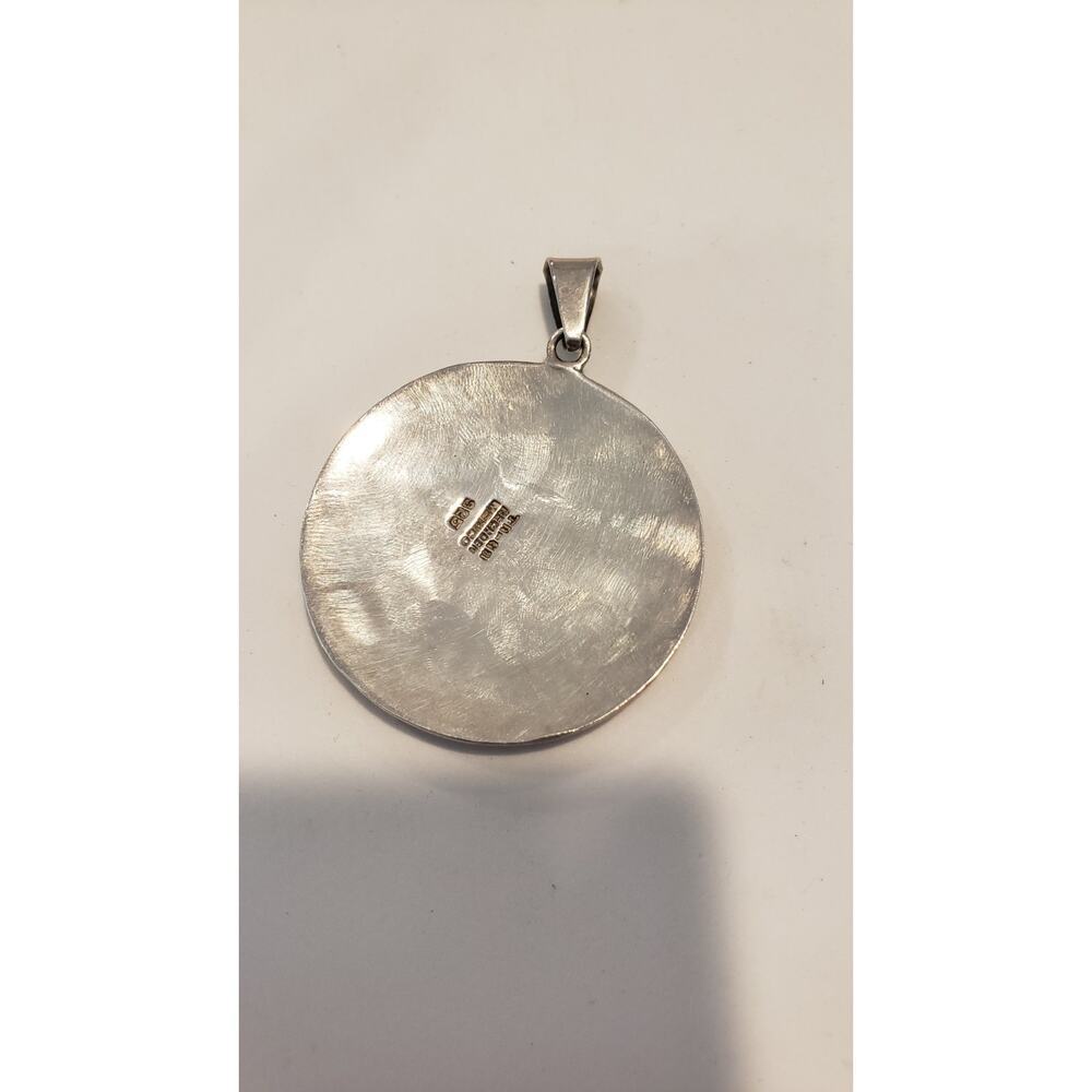 Vintage Taxco Pendant Big Sterling Inlay Turquoise Chip Aztec Native Mexico - Picture 6 of 10